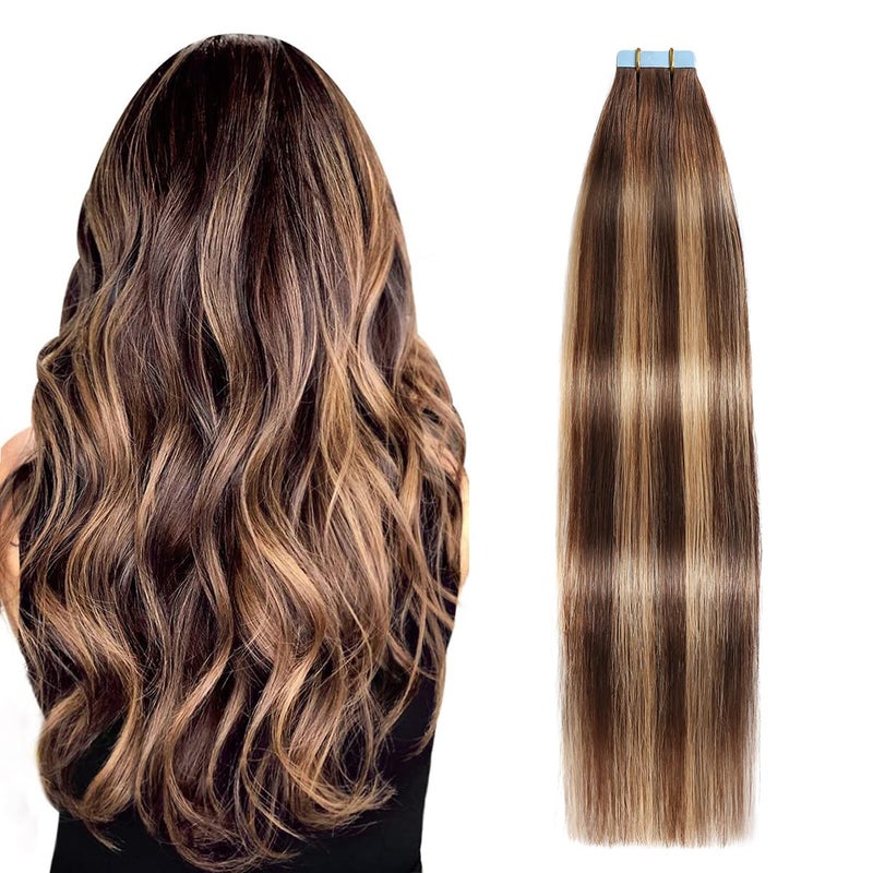 SUYYA Tape in Hair Extensions Human Hair Ombre Chocolate Brown to Caramel Blonde Remy Hair 18 inches 20pcs 50gpack Straight Seamless Weft Tape in Human Hair Extensions Balayage18 inch P427T4