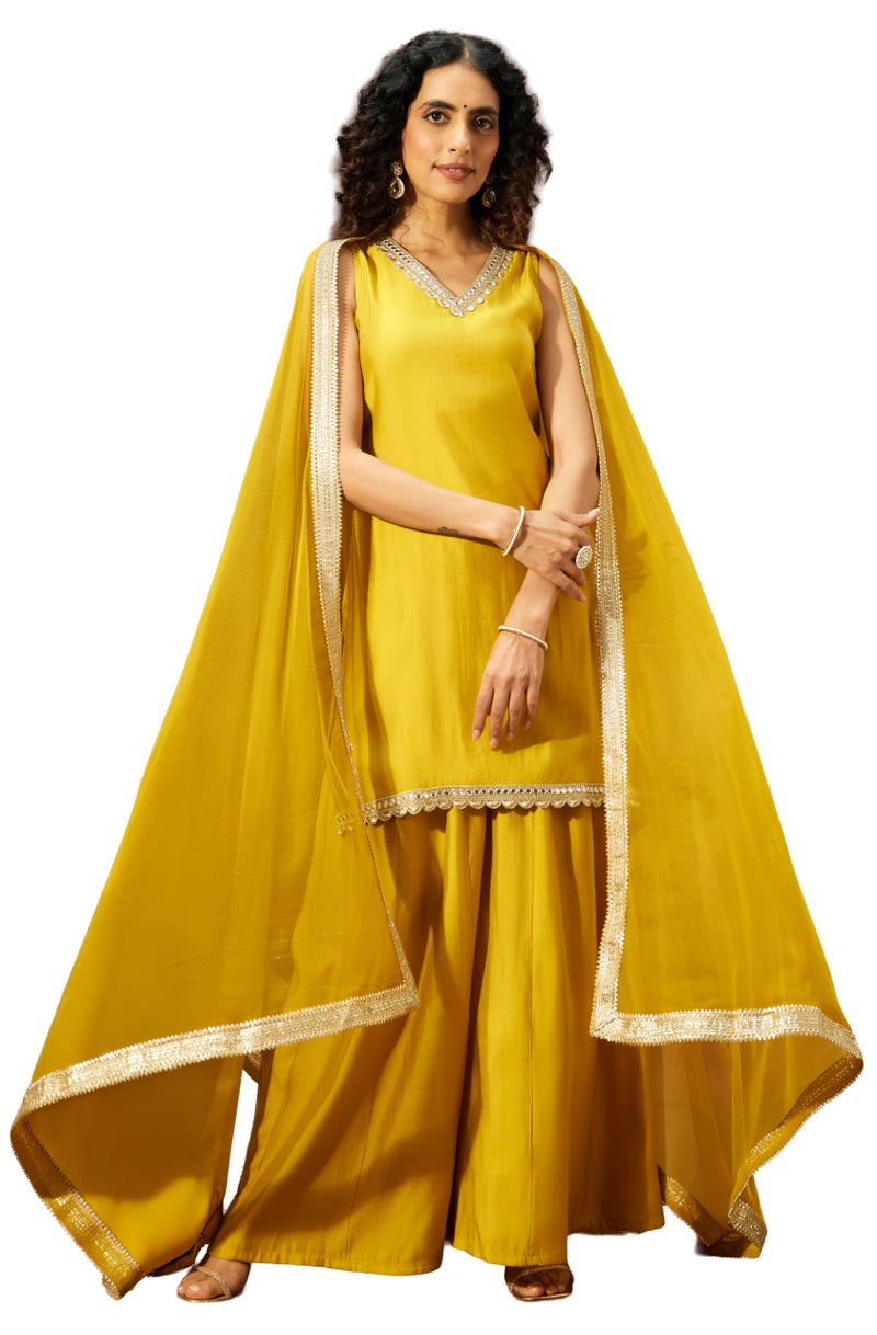 Janasya Women's Yellow Chanderi Silk Embellished Straight Kurta with Sharara & Dupatta Set(JAB25SS03409-2XL) - Image 1