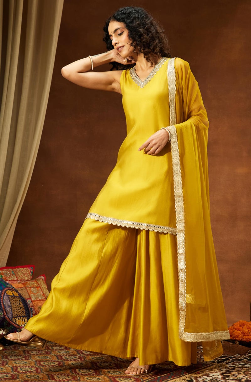Janasya Women's Yellow Chanderi Silk Embellished Straight Kurta with Sharara & Dupatta Set(JAB25SS03409-2XL) - Image 3