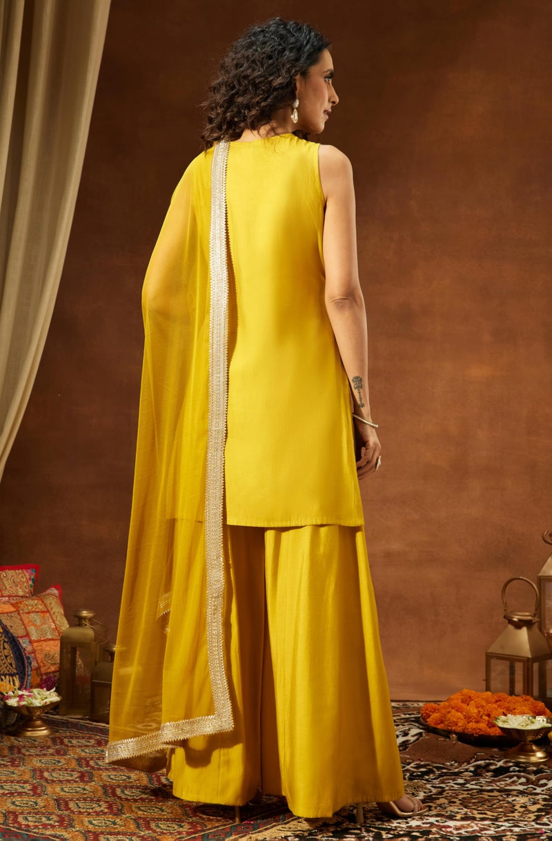 Janasya Women's Yellow Chanderi Silk Embellished Straight Kurta with Sharara & Dupatta Set(JAB25SS03409-2XL) - Image 4