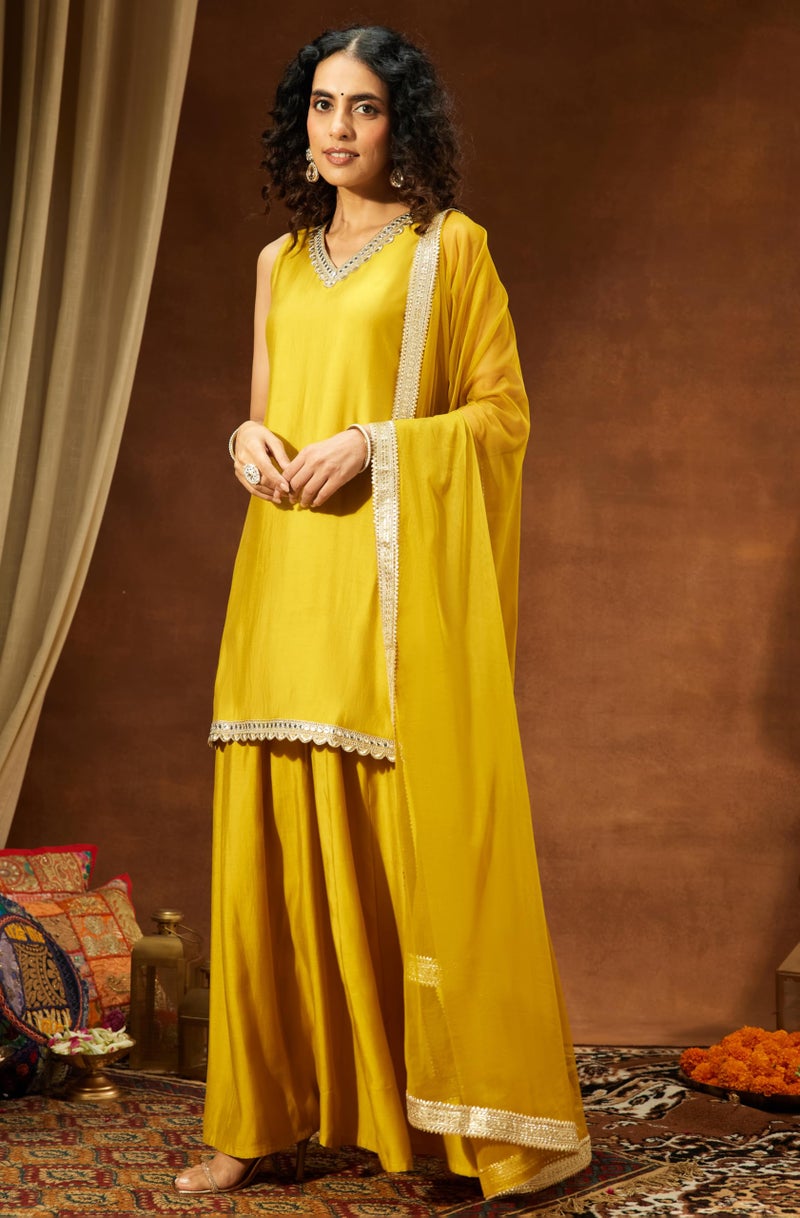 Janasya Women's Yellow Chanderi Silk Embellished Straight Kurta with Sharara & Dupatta Set(JAB25SS03409-2XL) - Image 5
