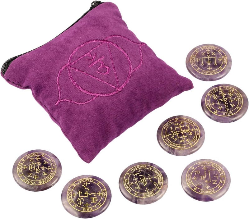 mookaitedecor 7 PCS Amethyst Stones Engraved Magic Archangel Symbol, Polished Palm Stone Crystal Set with Crown Chakra Bag for Reiki Healing