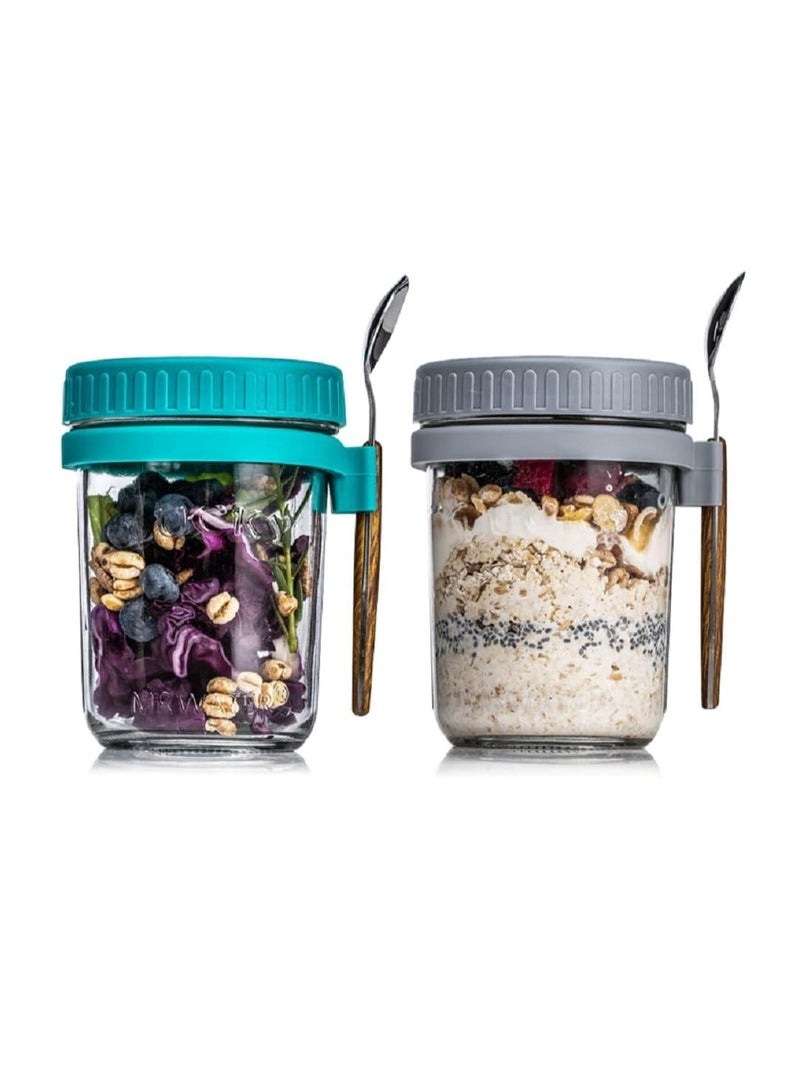 تراسل برطمانات شوفان ليلية من تراسل سعة 350 مل مع اغطية وملاعق حاوية زجاجية قابلة لاعادة الاستخدام علامات قياس لتخزين الطعام لاواني الافطار الشوفان للحليب والحبوب - Image 1