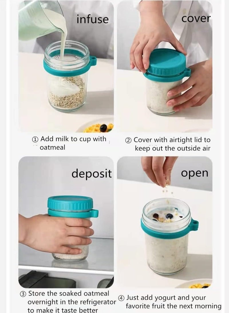 تراسل برطمانات شوفان ليلية من تراسل سعة 350 مل مع اغطية وملاعق حاوية زجاجية قابلة لاعادة الاستخدام علامات قياس لتخزين الطعام لاواني الافطار الشوفان للحليب والحبوب - Image 5