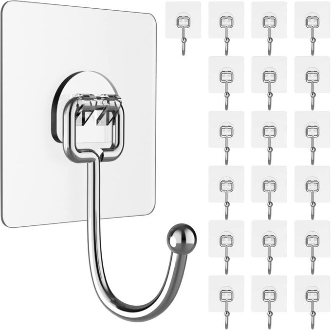 LARGE ADHESIVE HOOKS FOR HANGING HEAVYDUTY 44IBMAX 20 PACKS WALL HANGERS WITHOUT NAILS SELFADHESIVE TRACELESS CLEAR AND REMOVABLE WATERPROOF AND RUSTPROOF MULTIPLE USES FOR BATHROOM KITCHEN HOME