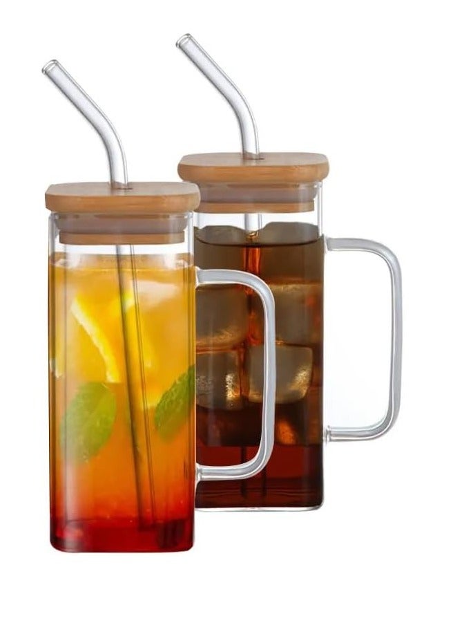 HONEY BEE Homesmiths 320ML Borosilicate Square Drinking Glasses with Straw And Bamboo Lid, Eco- Friendly and Sustainable, Made With Durable Material, Set of 2 - Image 1