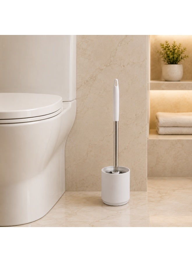 Toilet Brush Set with Holder Floor Standing Long Handle Bathroom Cleaning Brush with Durable Bristles and Hanging Hole (White and Grey) - Image 2