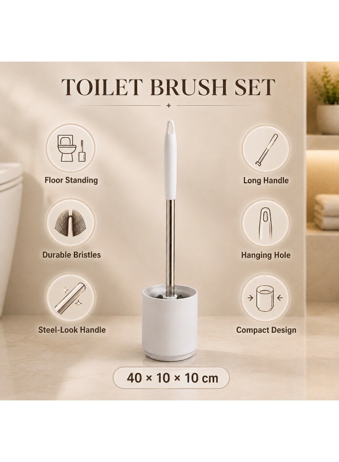 Toilet Brush Set with Holder Floor Standing Long Handle Bathroom Cleaning Brush with Durable Bristles and Hanging Hole (White and Grey) - Image 4