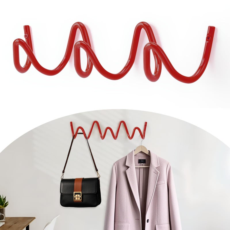 Bumtosc Coat Rack Wall Mount, Creative Wave Wall Hooks 20KG Capacity, Easy Installation, Multi-Purpose Hooks for Coat, Hat, Bag, Umbrella (Red, 29cm x 7.5cm (11.41" x 2.95"))