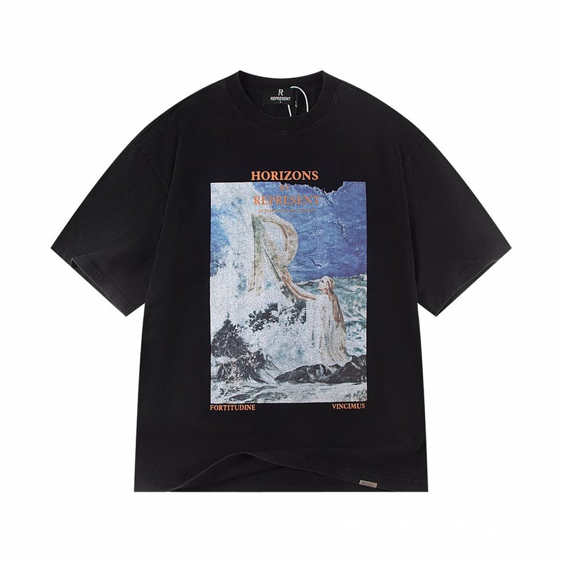 REPRESENT 25ss New Washed Vintage High Street Old VTG Mens and Womens Short Sleeve Pegasus Photo T-Shirt Half Sleeve 867 washed black