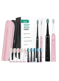 Nitio Sonic Electric Toothbrush For Adults Duo Dual Handle 5 Modes With Smart Timer 10 Brush Heads & 2 Travel Cases Included Rechargeable Toothbrush Oral Care Whitening Toothbrush (Black+Pink)