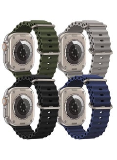 4-Pack Ocean Band Compatible with Apple Watch Ultra Bands 49mm, 45mm, 44mm – Adjustable Silicone Sport Wristbands for Men & Women in Green, Gray, Black, Blue – Durable & Comfortable