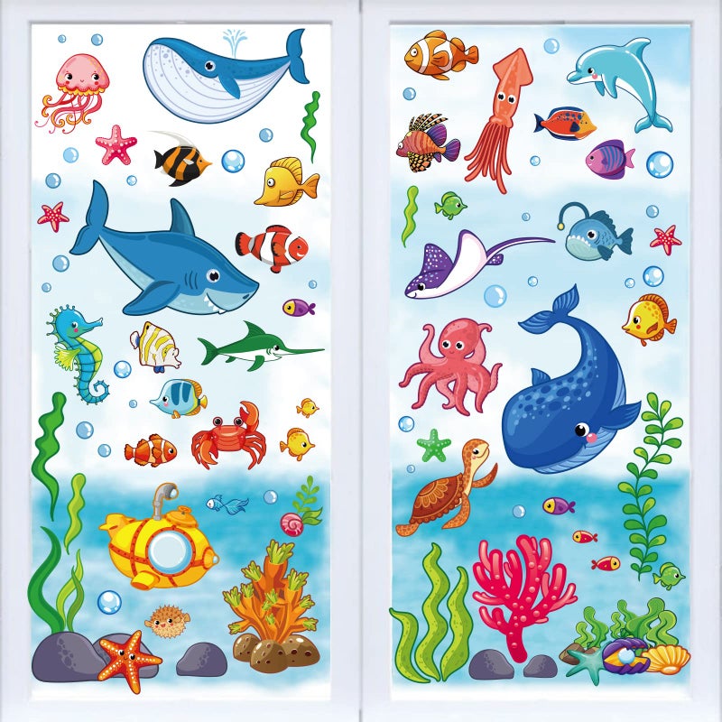 Whaline 9 Sheets Ocean Themed Window Clings Stickers Cartoon Sea Life Under The Sea DoubleSided Window Decals for Summer School Home Office Bathroom Accessories Party Supplies Gifts