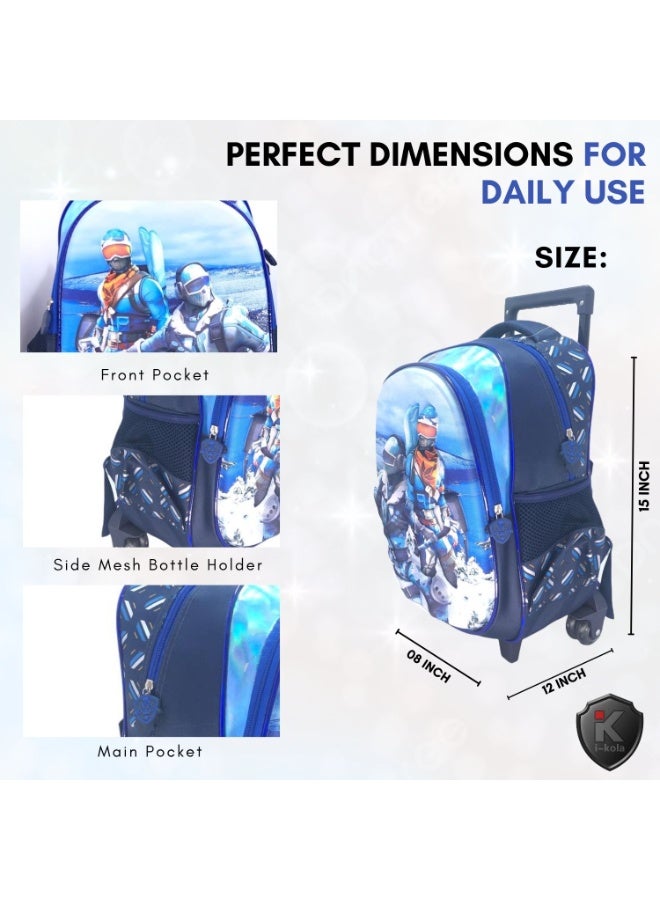 آي-كولا طقم حقائب أطفال بعجلات ثلاثية الأبعاد مقاس ١٥ بوصة من FT 15T3، مكون من ٣ قطع | حقيبة مدرسية بعجلات مع حقيبة غداء مقاومة للانسكاب وحافظة أقلام | حقائب مدرسية بعجلات للأولاد والبنات (IK251-15T3) - Image 2