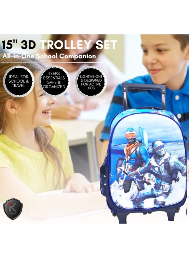 آي-كولا طقم حقائب أطفال بعجلات ثلاثية الأبعاد مقاس ١٥ بوصة من FT 15T3، مكون من ٣ قطع | حقيبة مدرسية بعجلات مع حقيبة غداء مقاومة للانسكاب وحافظة أقلام | حقائب مدرسية بعجلات للأولاد والبنات (IK251-15T3) - Image 3