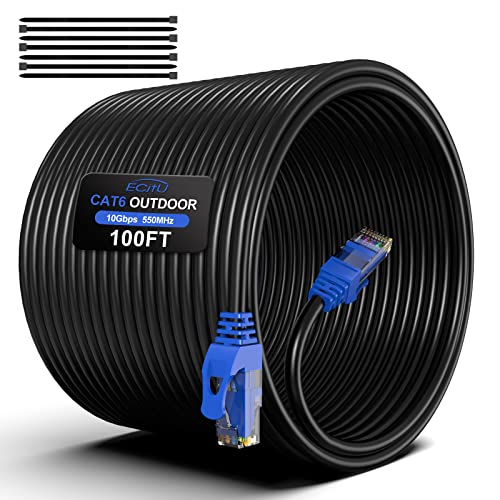 ecjtu 100FT Cat6 Outdoor Ethernet Cable, In-Ground, Heavy Duty Direct Burial, 24AWG CCA Patch Cord, POE, UTP, Waterproof, LLDPE UV Resistant, Network, Internet, LAN, Cat 6 Cable 100 Feet with 25 Cable Ties - Image 1