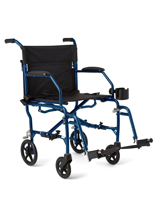 GUARDIAN - Medline Ultra Lightweight Transport Wheelchair for Adults, Foldable, 19-Inch Seat Width, Blue Frame, Black Upholstery - Image 1