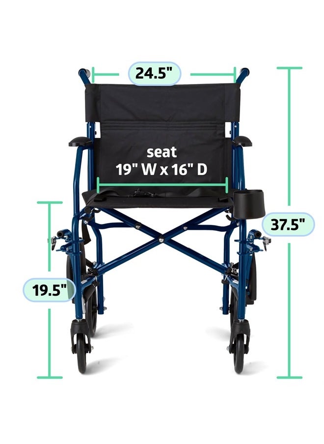 GUARDIAN - Medline Ultra Lightweight Transport Wheelchair for Adults, Foldable, 19-Inch Seat Width, Blue Frame, Black Upholstery - Image 1