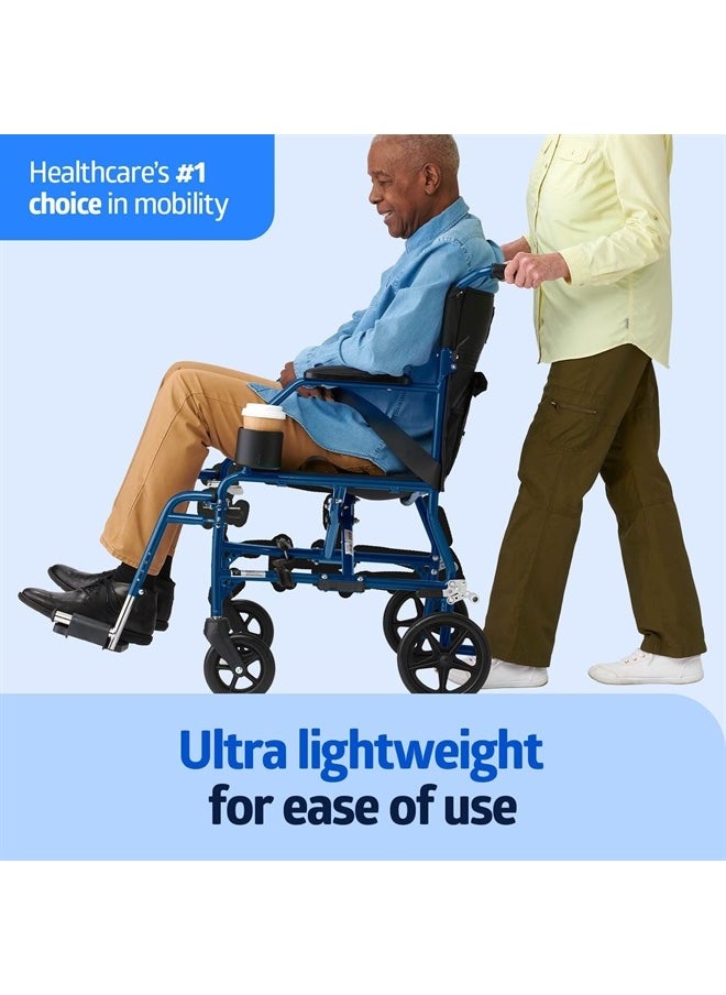 GUARDIAN - Medline Ultra Lightweight Transport Wheelchair for Adults, Foldable, 19-Inch Seat Width, Blue Frame, Black Upholstery - Image 1