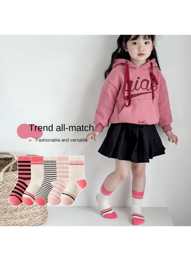 مكد 【colorful Stripes】5-pack جوارب منتصف الساق للأطفال، جوارب الربيع/الصيف للفتيات، جوارب خريف/شتاء كلاسيكية متعددة الاستخدام للأطفال الرضع - Image 2