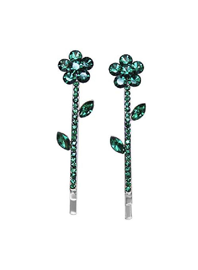 Faship Gorgeous A Pair Of Green Rhinestone Crystal Floral Hair Clips 2 Pcs - Image 2
