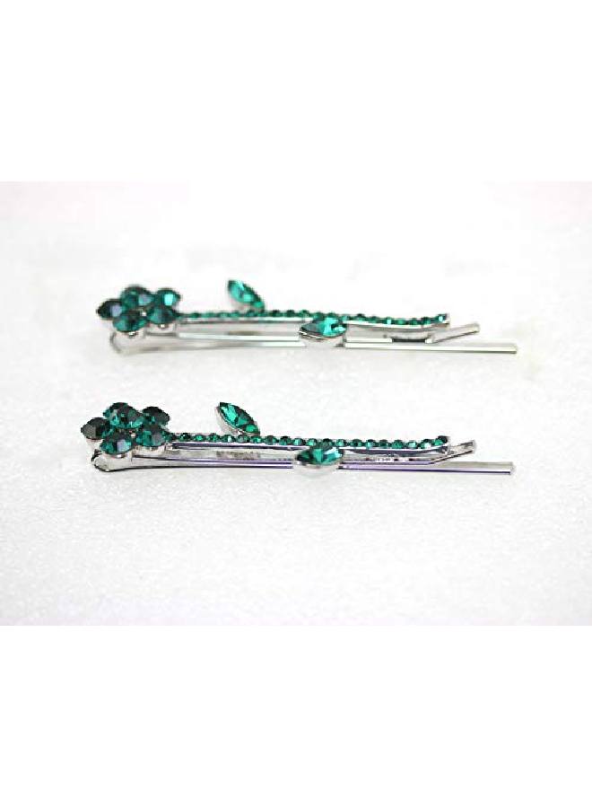 Faship Gorgeous A Pair Of Green Rhinestone Crystal Floral Hair Clips 2 Pcs - Image 5
