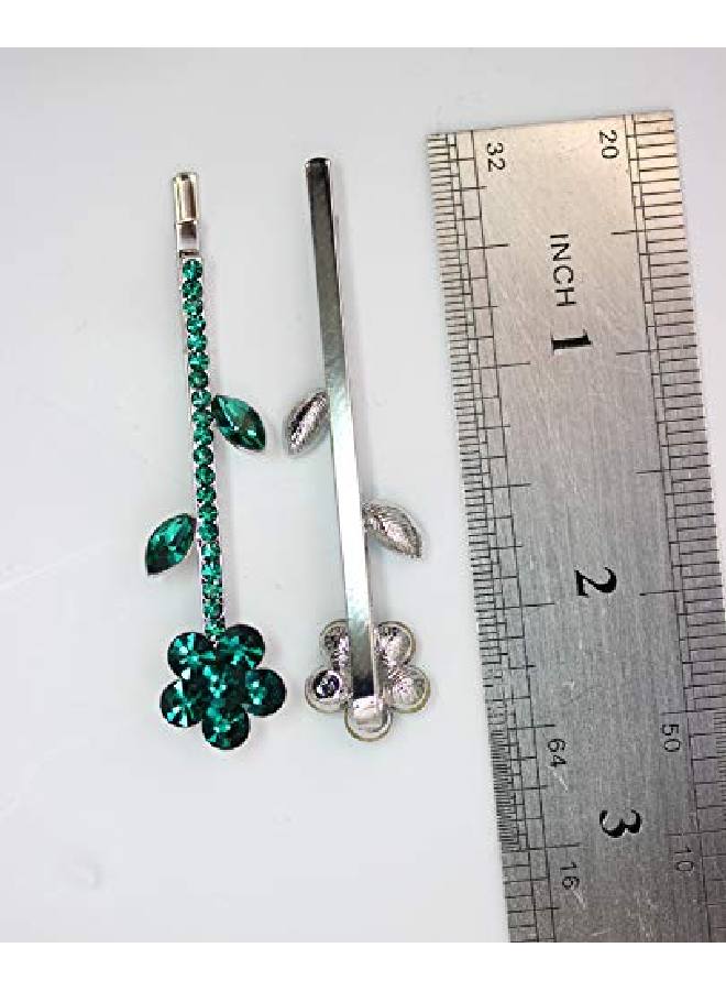 Faship Gorgeous A Pair Of Green Rhinestone Crystal Floral Hair Clips 2 Pcs - Image 4