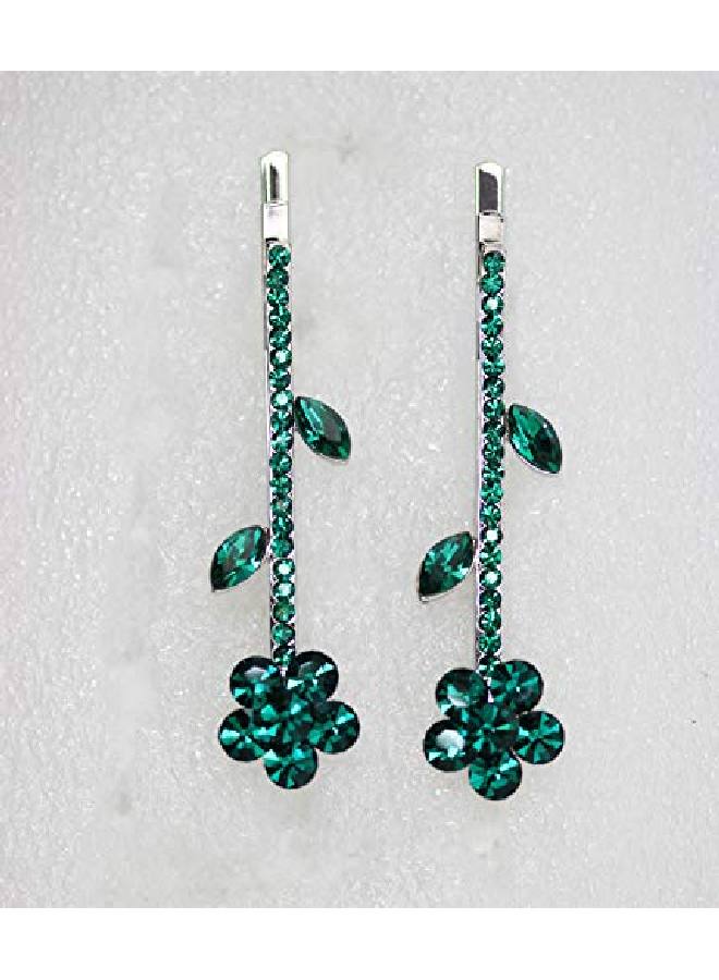 Faship Gorgeous A Pair Of Green Rhinestone Crystal Floral Hair Clips 2 Pcs - Image 3