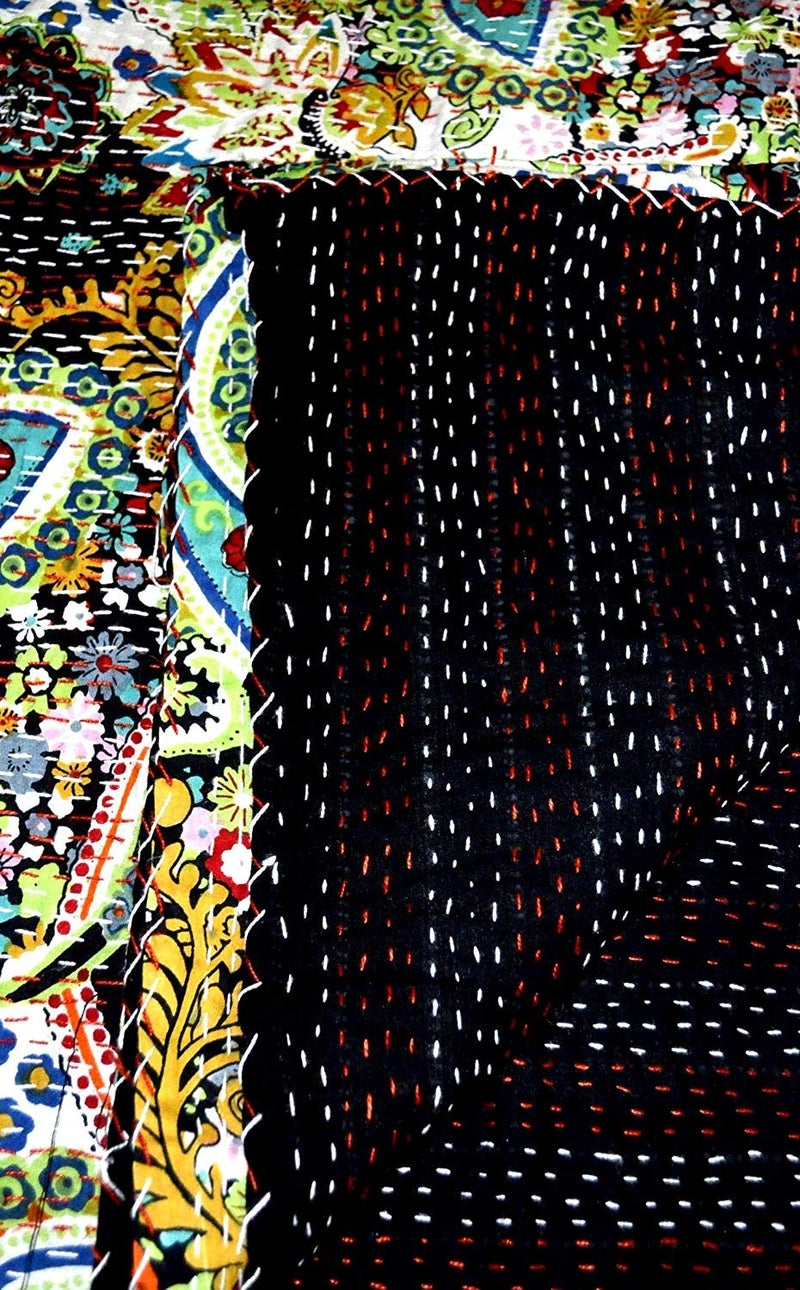 Textile art إبداعات الفن النسيجي إبداعات تقليدية عرقية قنطة هندية أغطية سرير قطنية زمرّديّة فواكه استوائية مخيطة يدويًا غطاء سرير بواسطة إبداعات الفن النسيجي إبداعات 90x108 بوصة - Image 4