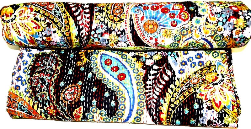 Textile art إبداعات الفن النسيجي إبداعات تقليدية عرقية قنطة هندية أغطية سرير قطنية زمرّديّة فواكه استوائية مخيطة يدويًا غطاء سرير بواسطة إبداعات الفن النسيجي إبداعات 90x108 بوصة - Image 1