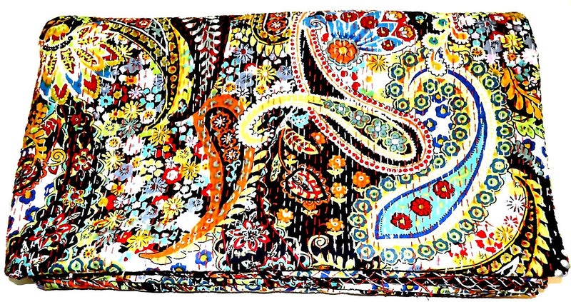 Textile art إبداعات الفن النسيجي إبداعات تقليدية عرقية قنطة هندية أغطية سرير قطنية زمرّديّة فواكه استوائية مخيطة يدويًا غطاء سرير بواسطة إبداعات الفن النسيجي إبداعات 90x108 بوصة - Image 2