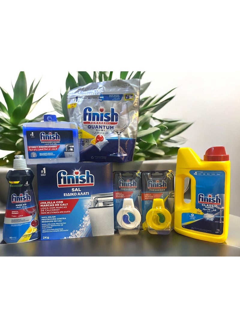 فنيش المجموعه المثاليه لغساله الصحون ملح 2ك + ملمع400+ منظف 250+مكعبات21 قرص+ 2 معطر غساله+ مسحوق 1 كيلو