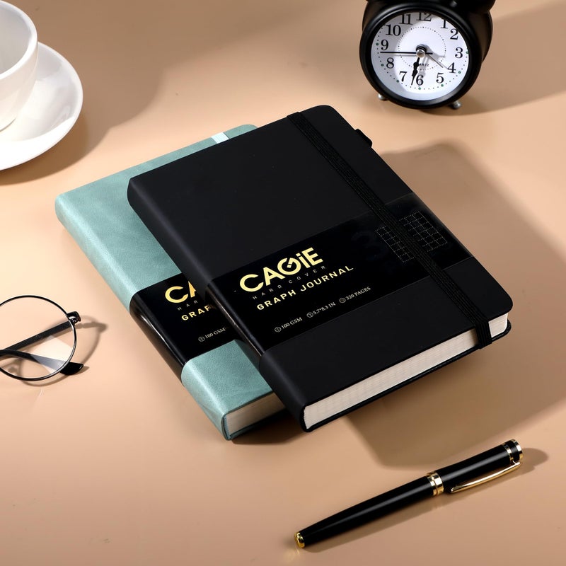 CAGIE Graph Notebook 320 Pages 100 GSM Paper Graphing Grid Journal A5 Hardcover Leather Quad Ruled Notebooks for Engineering, Math, Work, Black - Image 2