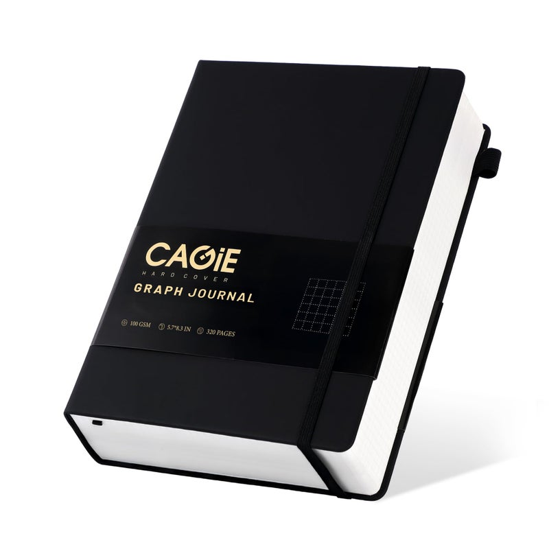 CAGIE Graph Notebook 320 Pages 100 GSM Paper Graphing Grid Journal A5 Hardcover Leather Quad Ruled Notebooks for Engineering, Math, Work, Black - Image 1