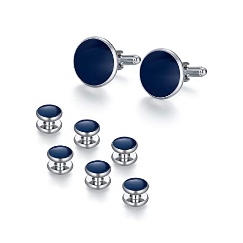 Wynameleri Cufflinks and Tuxedo Studs Set SIlver and Blue Accessories for Men in Gift Box - Image 1