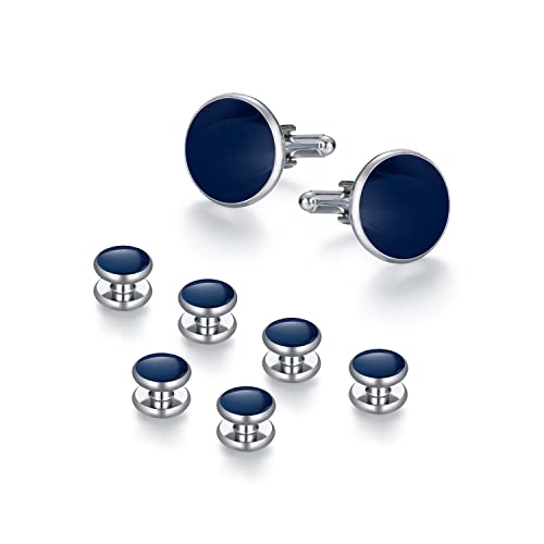 Wynameleri Cufflinks and Tuxedo Studs Set SIlver and Blue Accessories for Men in Gift Box - Image 2