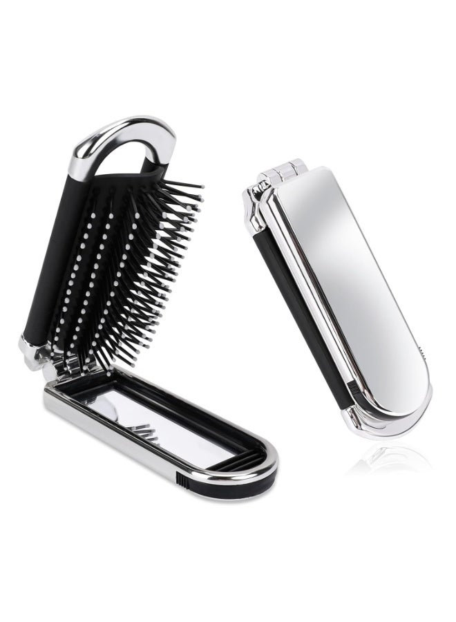 فرشاة شعر قابلة للطي مع مرآة، مشط تدليك شعر للسفر، فرشاة شعر مدمجة، فرشاة شعر للجيب أدوات تصفيف الشعر فرشاة شعر للسفر للنساء والرجال （الفضي） - Image 1