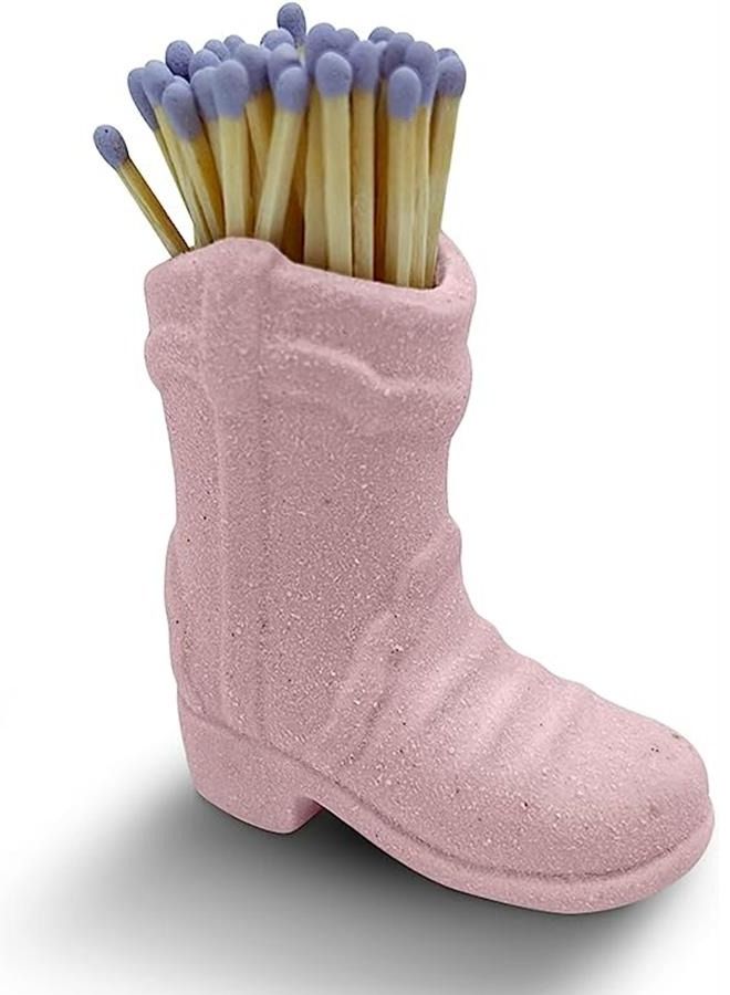 Cowboy Boot Match Holder with Striker - Chimney Match Holder - Cowgirl Boot Decor - Very Cute Addition to Interior Decor (Pink) - Image 1