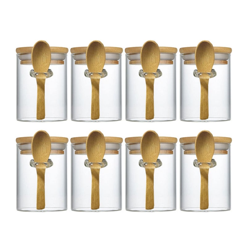 Livejun 76 oz Airtight Mini Glass Jars with Bamboo Lids and Bamboo Spoons Spice Jars Small Food Storage Containers for Kitchen Bathroom Home Decor Set of 8