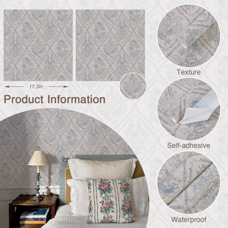 Toduso Peel and Stick Wallpaper Vintage Wall Paper Boho Contact Paper Blue Removable Wallpaper for Kitchen Bathroom Bedroom Floral Waterproof Self Adhesive Vinyl Drawer Decor 17.3"x78.7" - Image 5