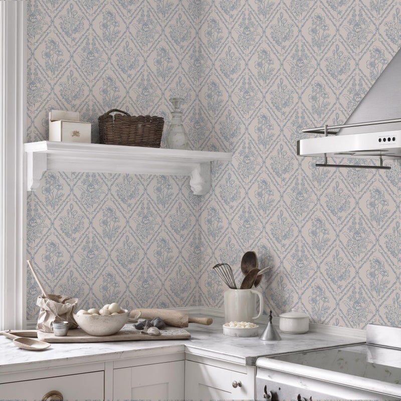 Toduso Peel and Stick Wallpaper Vintage Wall Paper Boho Contact Paper Blue Removable Wallpaper for Kitchen Bathroom Bedroom Floral Waterproof Self Adhesive Vinyl Drawer Decor 17.3"x78.7" - Image 2