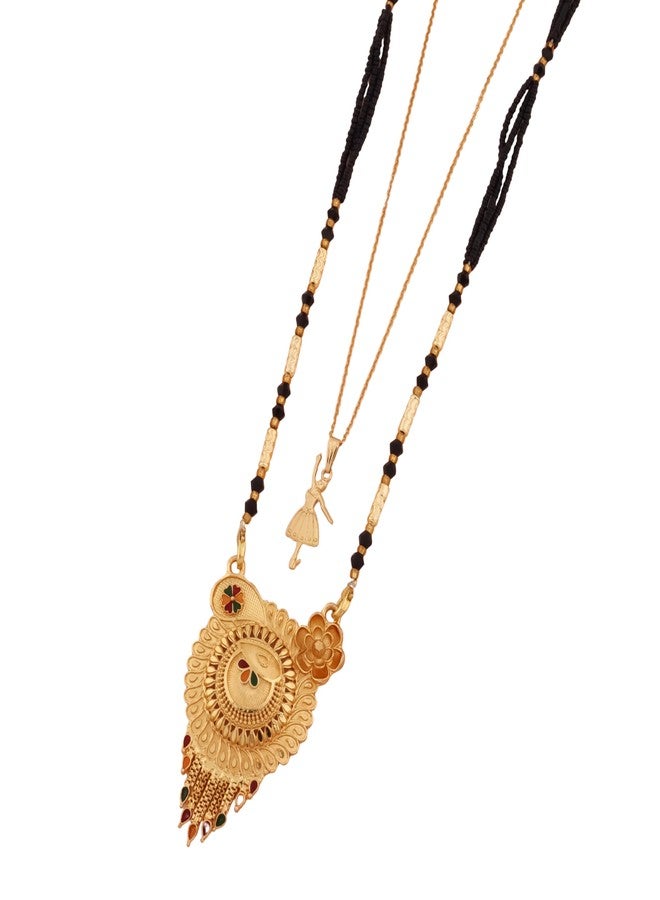 MALKYN Women's Gold Plated Peacock Motif Mangalsutra with Enamel Work and Ballerina Pendant Layered Necklace Set, Traditional Indian Black Beaded Jewelry-MD-027 - Image 1