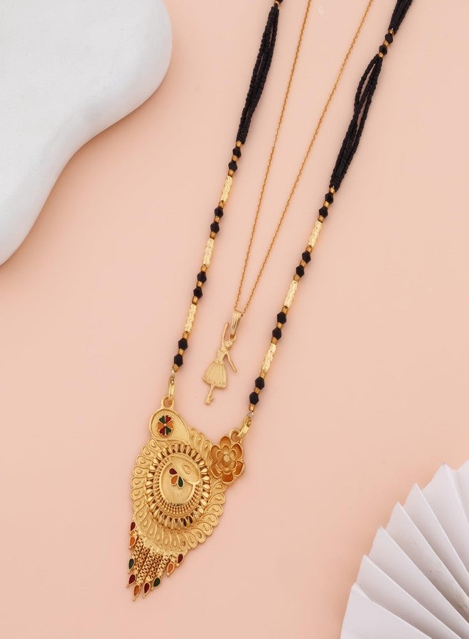 MALKYN Women's Gold Plated Peacock Motif Mangalsutra with Enamel Work and Ballerina Pendant Layered Necklace Set, Traditional Indian Black Beaded Jewelry-MD-027 - Image 2