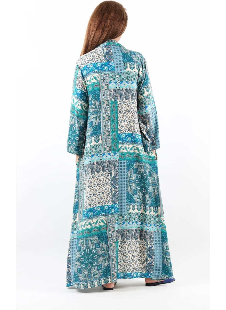 Ritnice Ritnice Ethnic 100% Viscose Blue Shirt Collar Front Buttoned Long Summer Dress