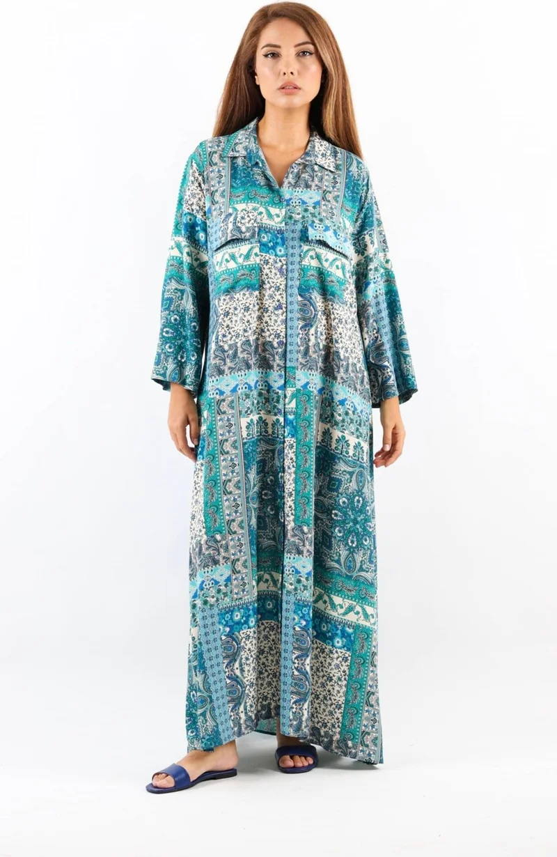 Ritnice Ritnice Ethnic 100% Viscose Blue Shirt Collar Front Buttoned Long Summer Dress