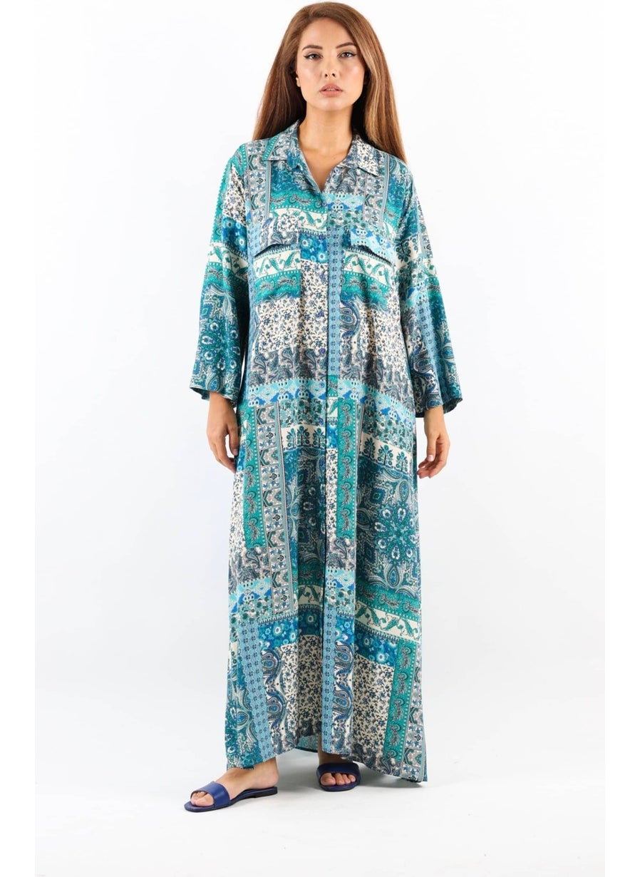 Ritnice - Ritnice Ethnic 100% Viscose Blue Shirt Collar Front Buttoned Long Summer Dress - Image 1