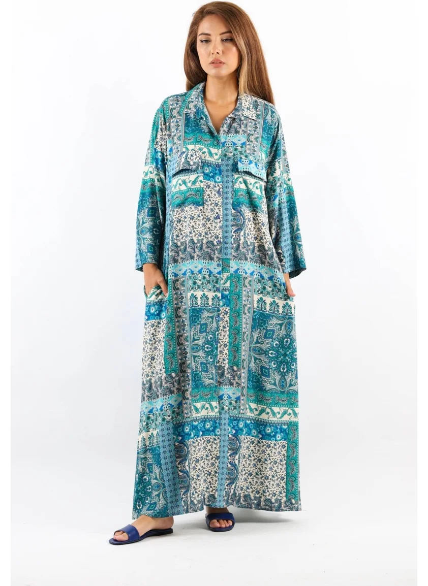 Ritnice Ritnice Ethnic 100% Viscose Blue Shirt Collar Front Buttoned Long Summer Dress