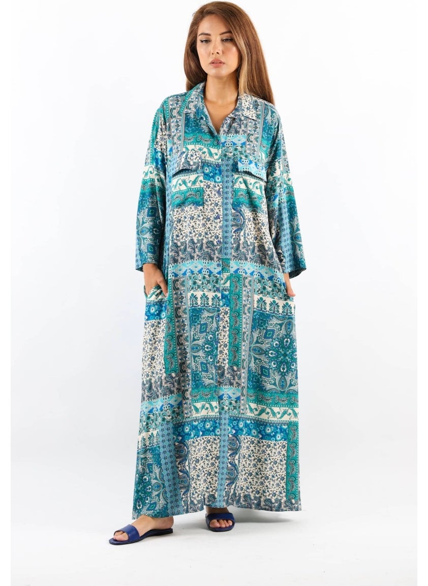 Ritnice - Ritnice Ethnic 100% Viscose Blue Shirt Collar Front Buttoned Long Summer Dress - Image 1