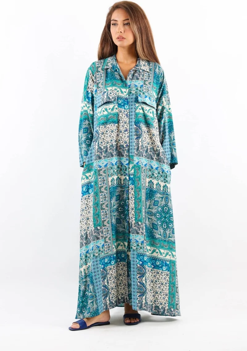 Ritnice Ritnice Ethnic 100% Viscose Blue Shirt Collar Front Buttoned Long Summer Dress