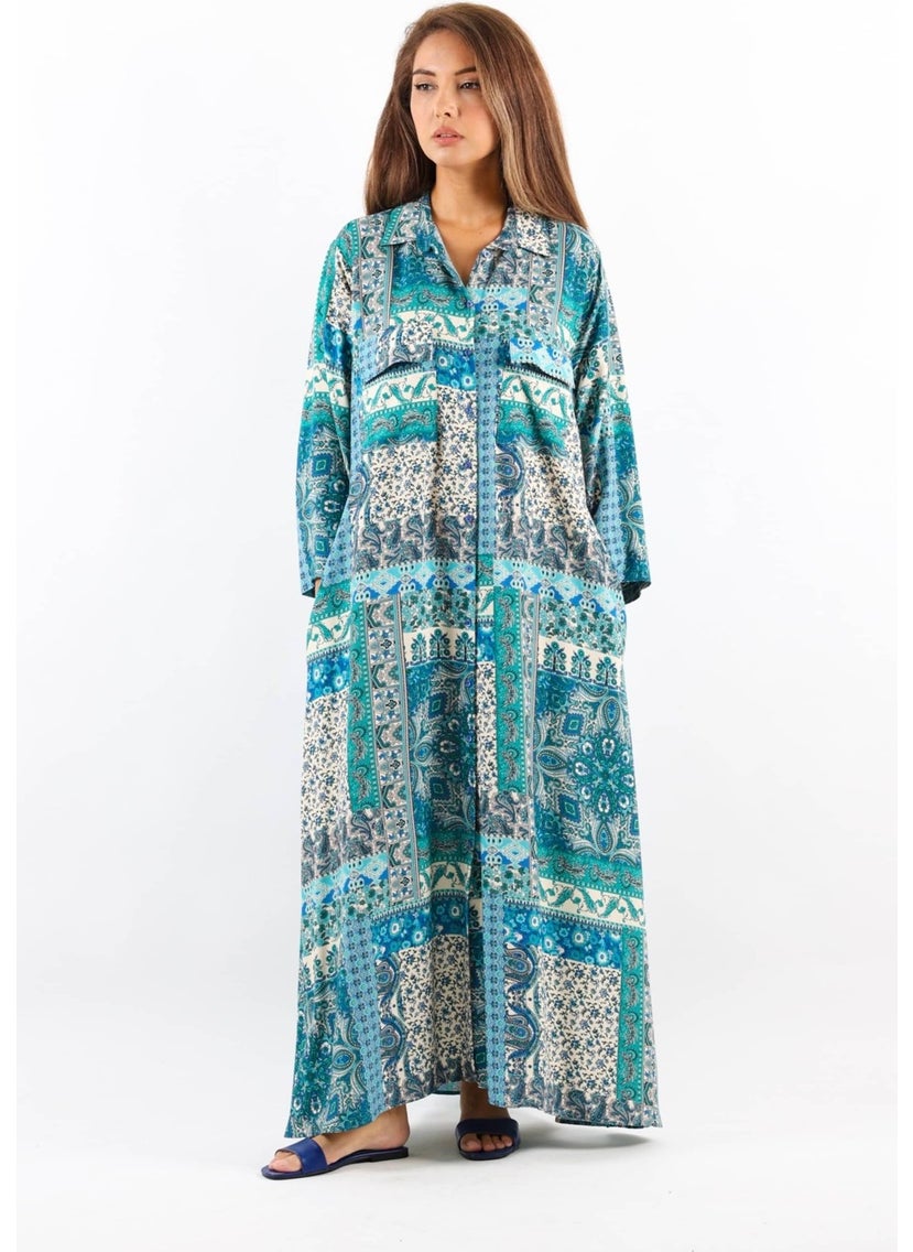 Ritnice - Ritnice Ethnic 100% Viscose Blue Shirt Collar Front Buttoned Long Summer Dress - Image 1